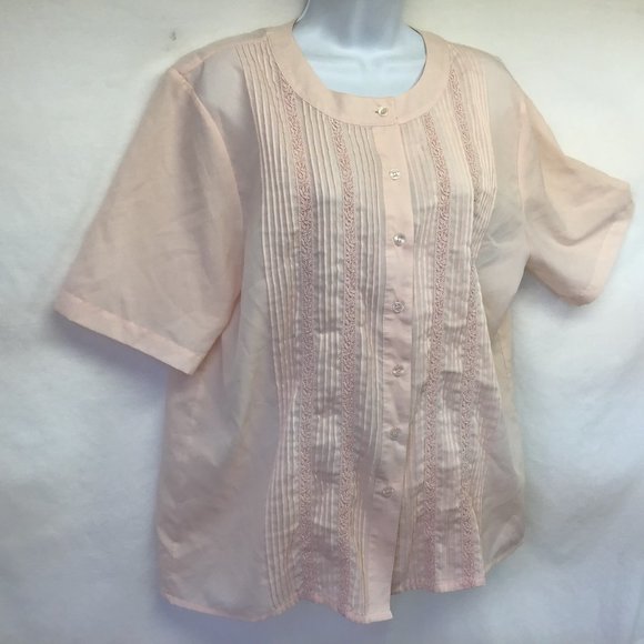 Women's Pink Pleated Lace Short Sleeve Blouse 14M - Picture 3 of 6